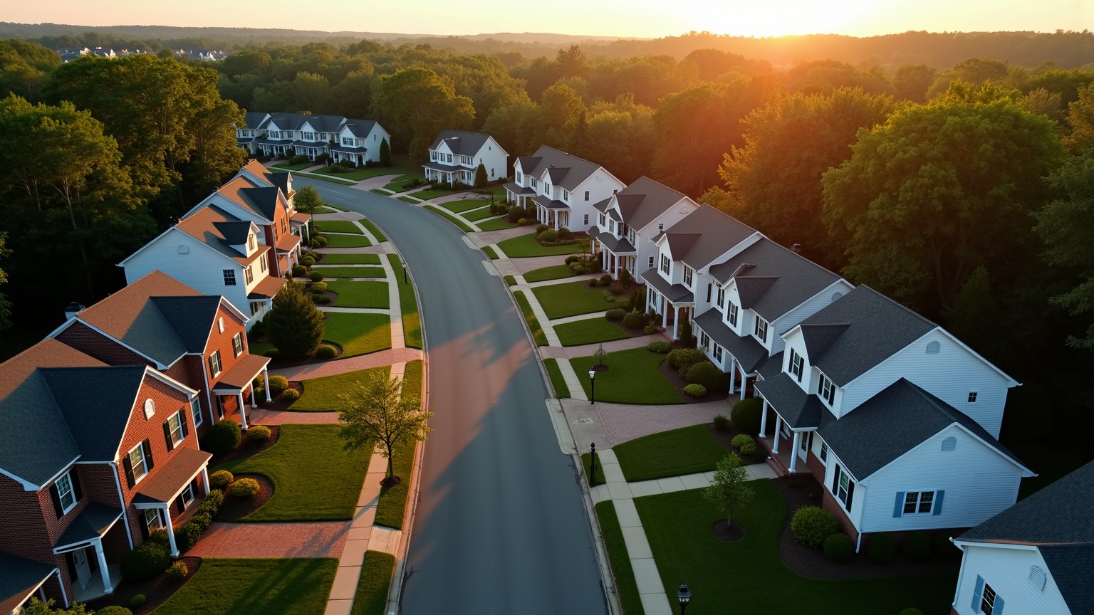Aerial view of a tree-lined suburban Virginia street at golden hour, one freshly re-roofed home standing out among weathered gray asphalt roofs